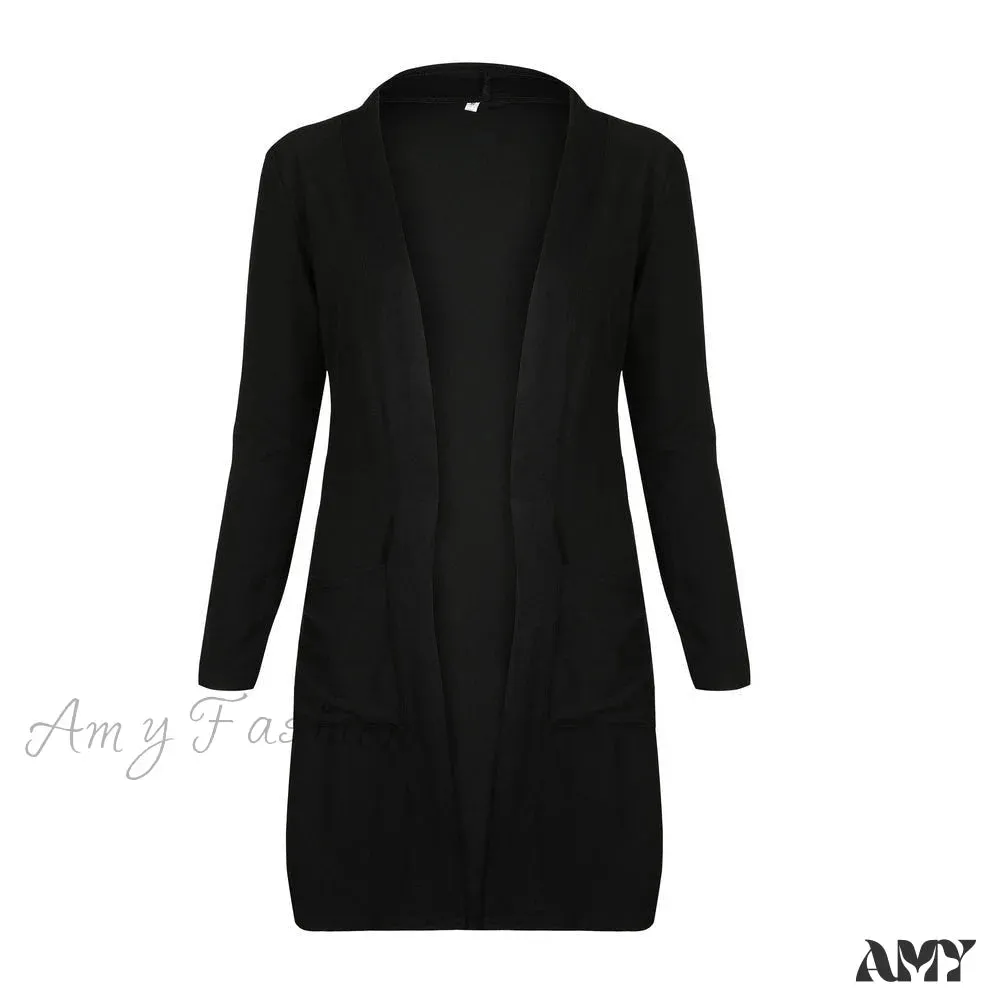 Amy Fashion - Women Long Sleeve Elegant Pocket Knitted Outerwear Sweater