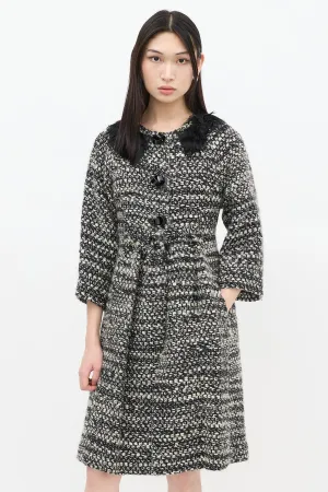 Black & White Wool Woven Fur Trim Coat