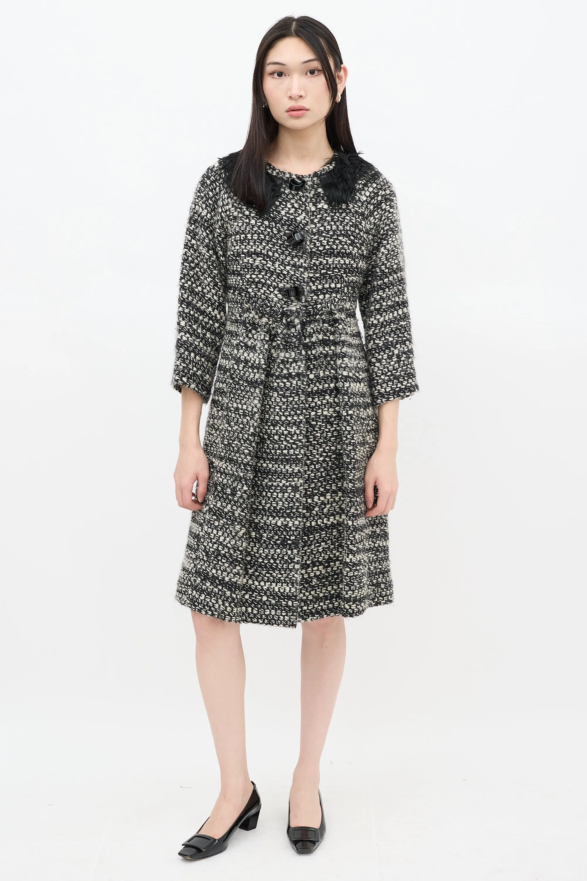 Black & White Wool Woven Fur Trim Coat