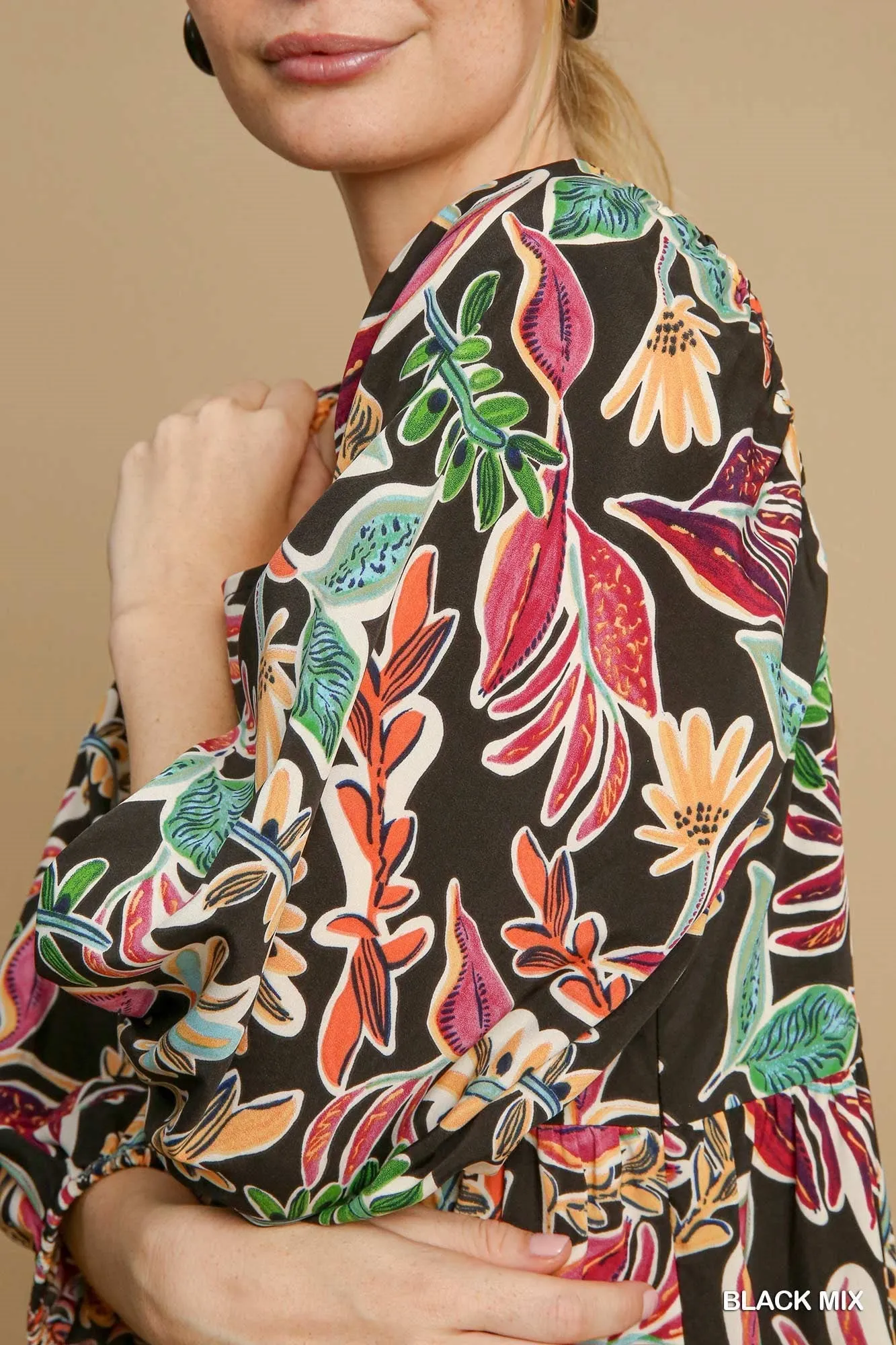 Black Mix Tropical Print Midi Dress