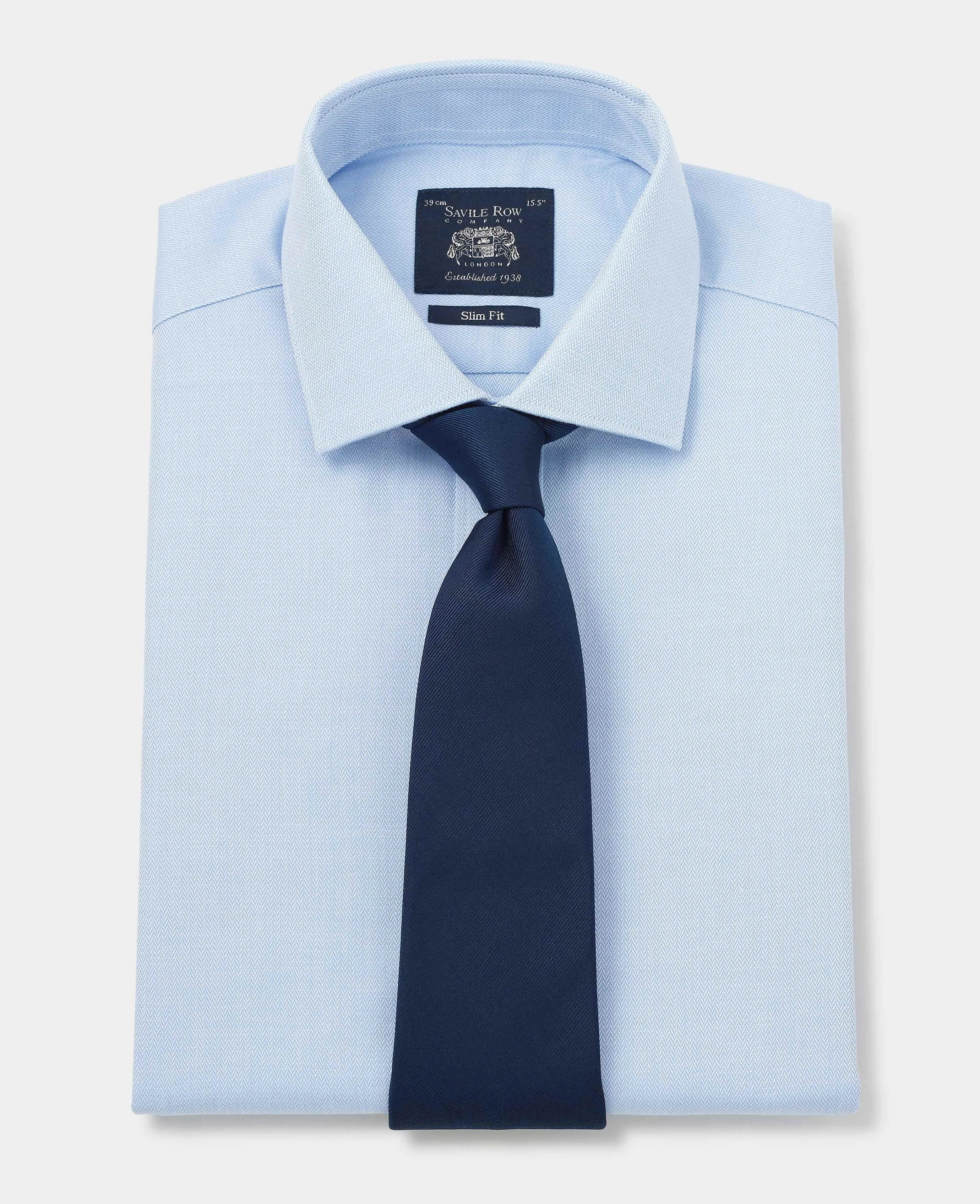 Blue Cotton Herringbone Slim Fit Formal Shirt - Double Cuff