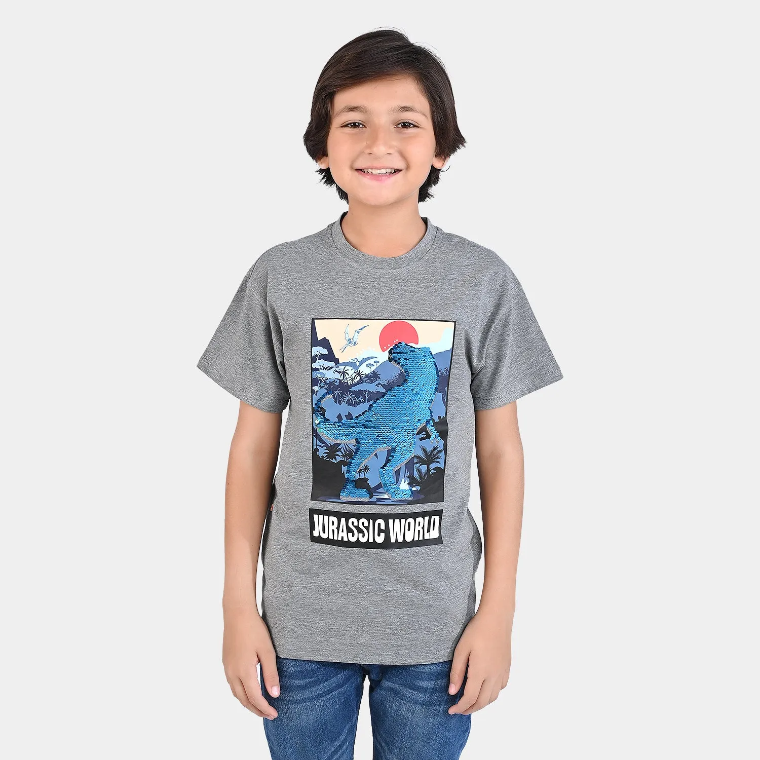 Boys Lycra Jersey T-Shirt Dinosaur World-GREY