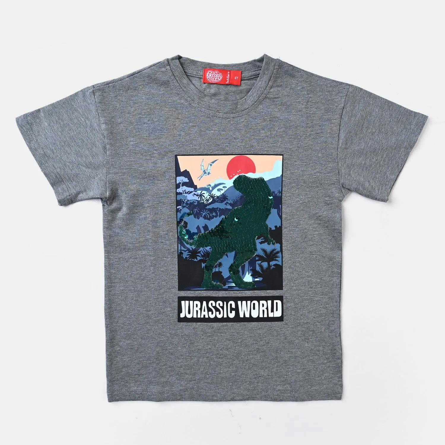 Boys Lycra Jersey T-Shirt Dinosaur World-GREY