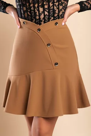 Camel Elegant Flounce Mini Skirt with Button Accents