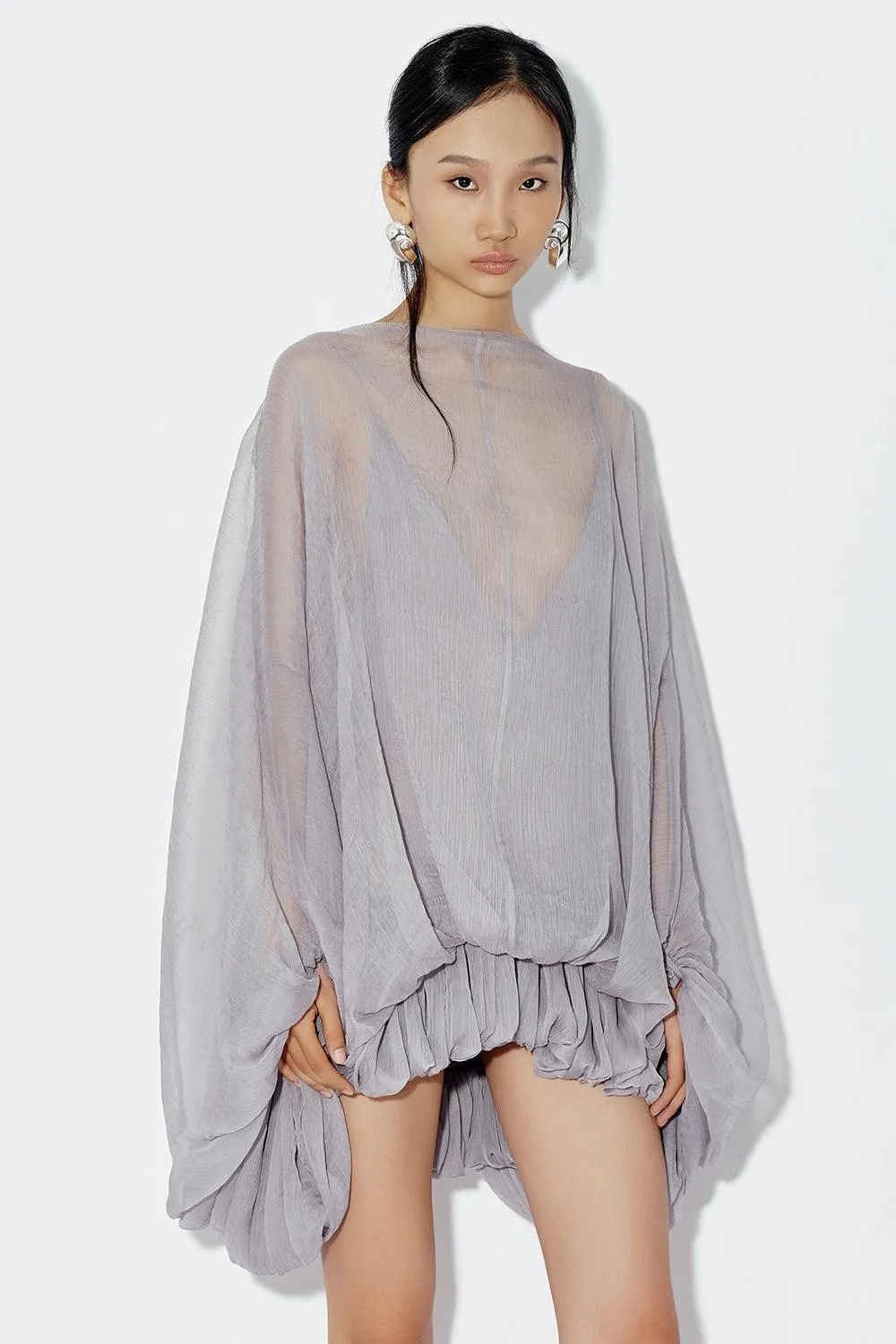 Carnation Drop Waist Batwing Sleeved Chiffon Mini Dress