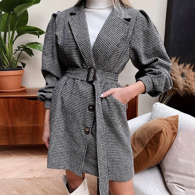 Causal Black Belt Autumn Winter Office Plaid Puff Sleeve Elegant Tailored Collar Dress