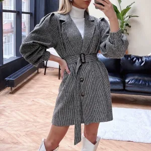 Causal Black Belt Autumn Winter Office Plaid Puff Sleeve Elegant Tailored Collar Dress