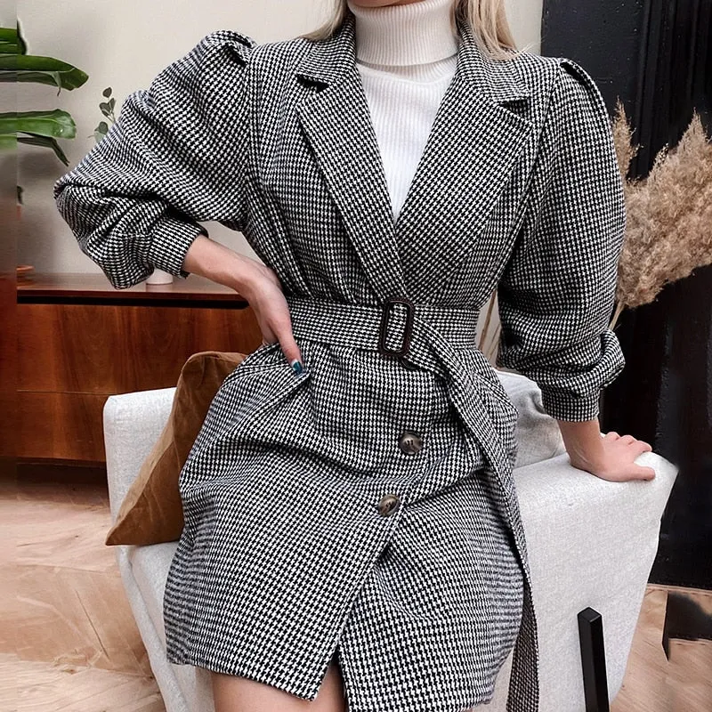 Causal Black Belt Autumn Winter Office Plaid Puff Sleeve Elegant Tailored Collar Dress