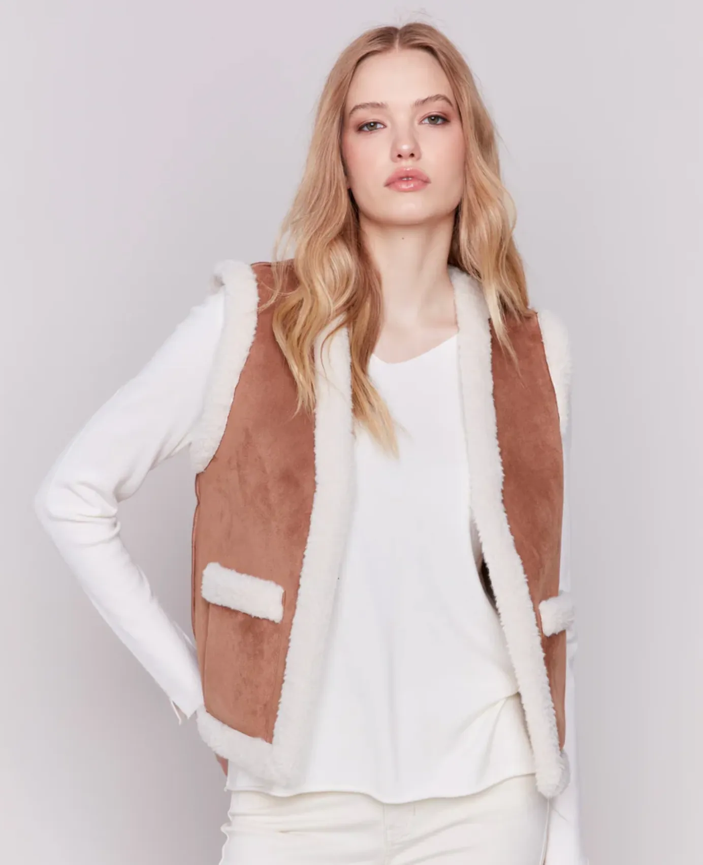 Charlie B Reversible Faux Fur & Suede Vest - Ecru