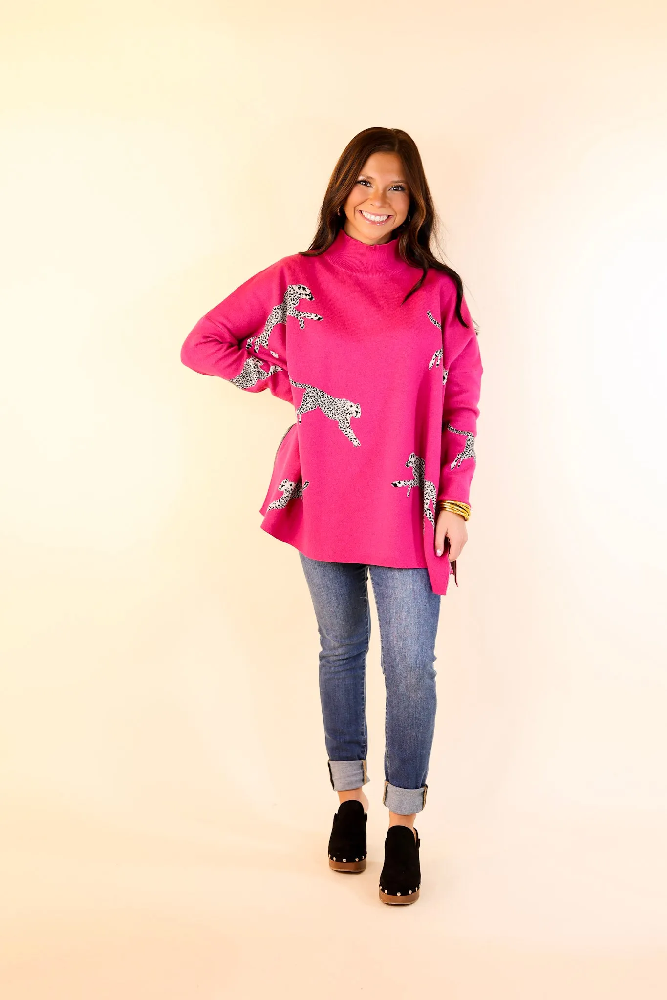 Cheetah Girls Mock Neck Cheetah Print Sweater in Hot Pink