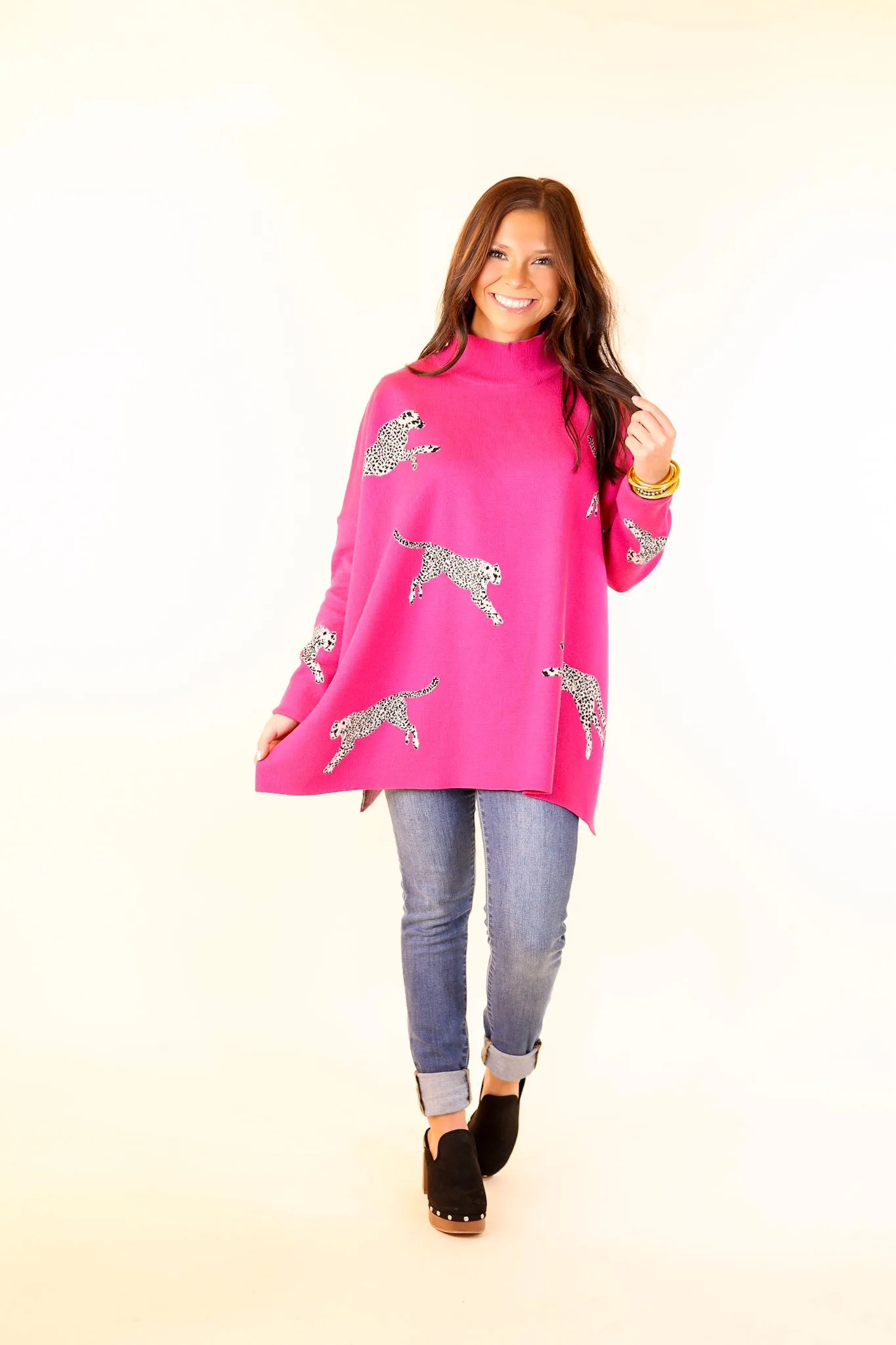 Cheetah Girls Mock Neck Cheetah Print Sweater in Hot Pink