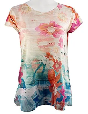 Cubism Apparel - Gradient Flowers, Scoop Neck, Cap Sleeve, Fashion Top