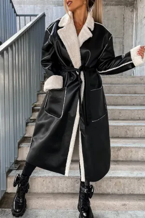 Elegant College Solid Frenulum With Belt Solid Color Turndown Collar Outerwear