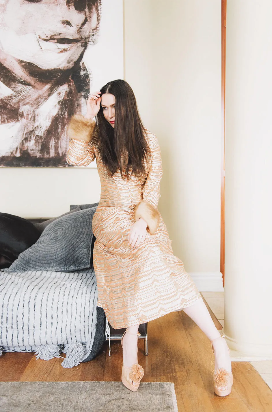 Fall 1968 Oscar de la Renta Metallic Gold Silk Brocade Caftan Dress