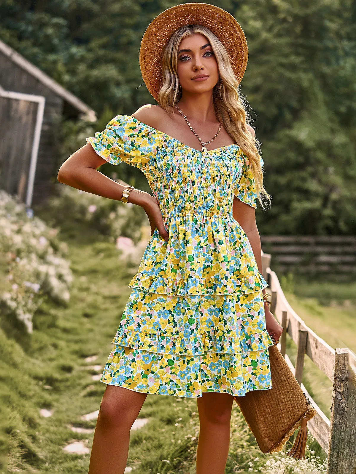 Floral Print Off-Shoulder Puffy Sleeves Dress