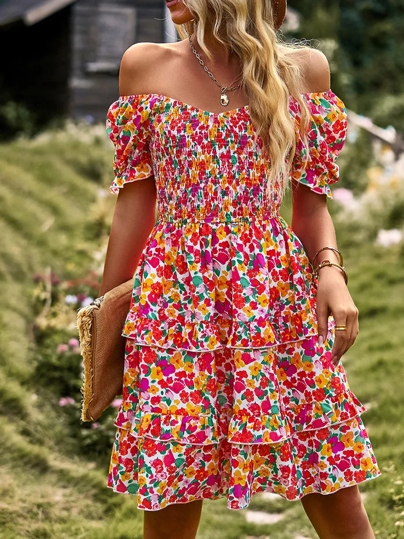 Floral Print Off-Shoulder Puffy Sleeves Dress