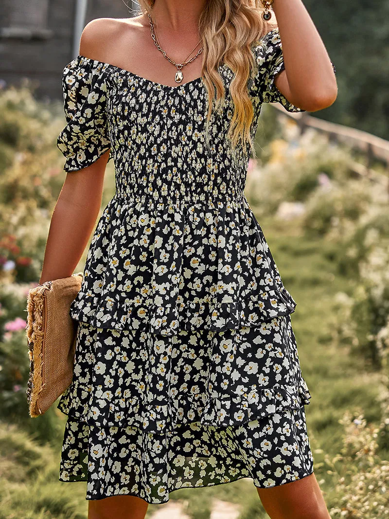 Floral Print Off-Shoulder Puffy Sleeves Dress