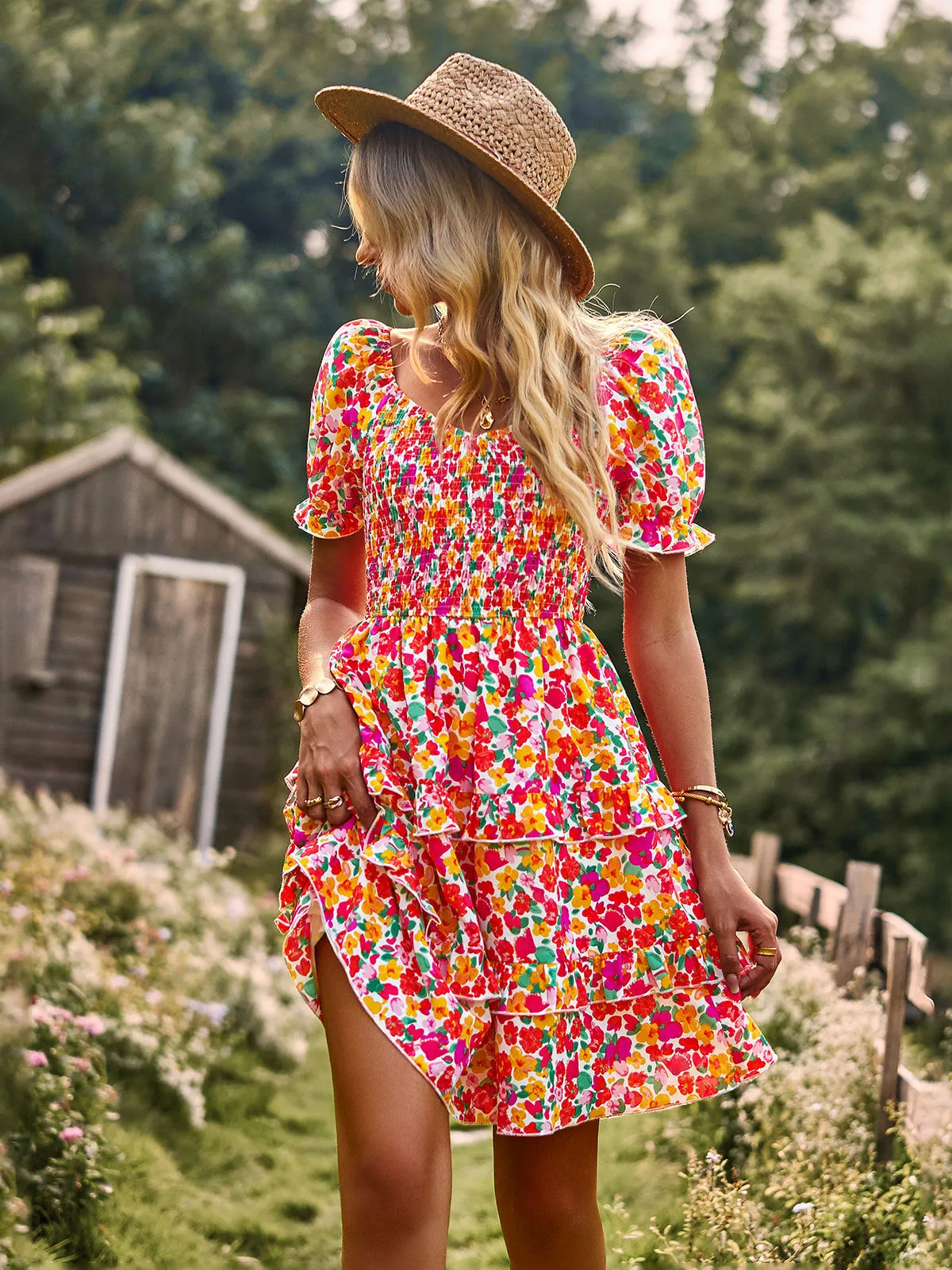 Floral Print Off-Shoulder Puffy Sleeves Dress