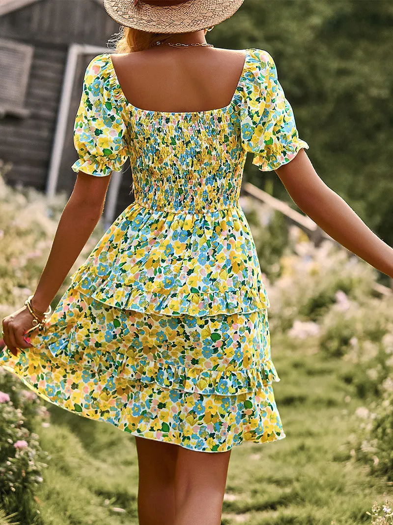 Floral Print Off-Shoulder Puffy Sleeves Dress