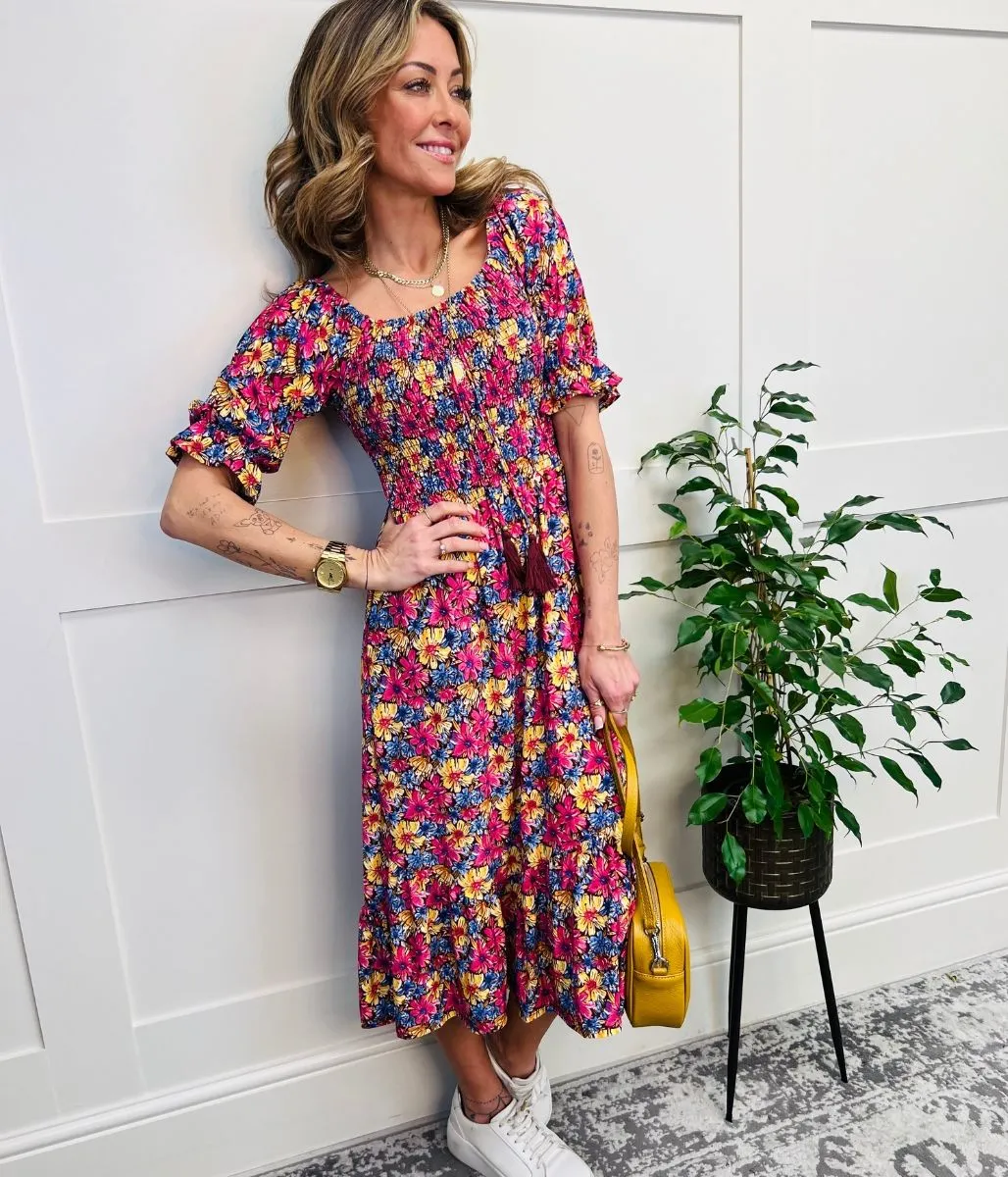 Floral Shirred Tassel Midi Dress