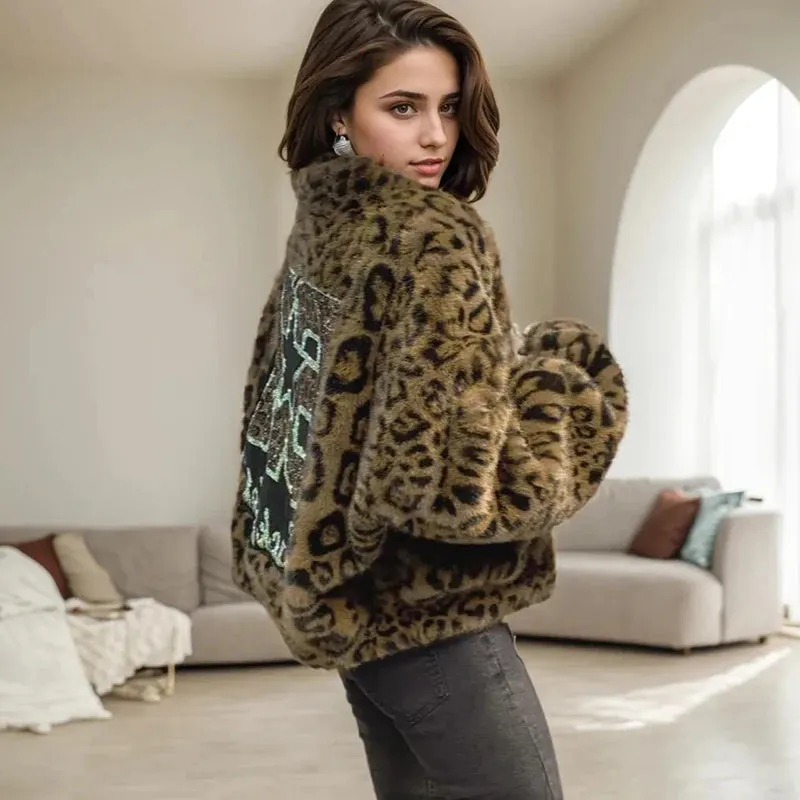 Flytonn-Fashion Versatile Long-sleeve Fur Jackets New European Heavy Industry Diamond Drills Three-dimensional Pattern Faux Fur Coat