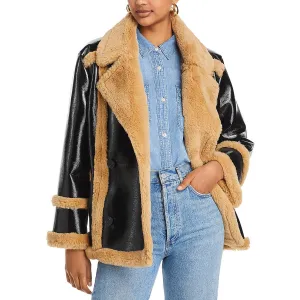 French Connection Womens Filpa Faux Shearling Trim Heavy Trucker Jacket