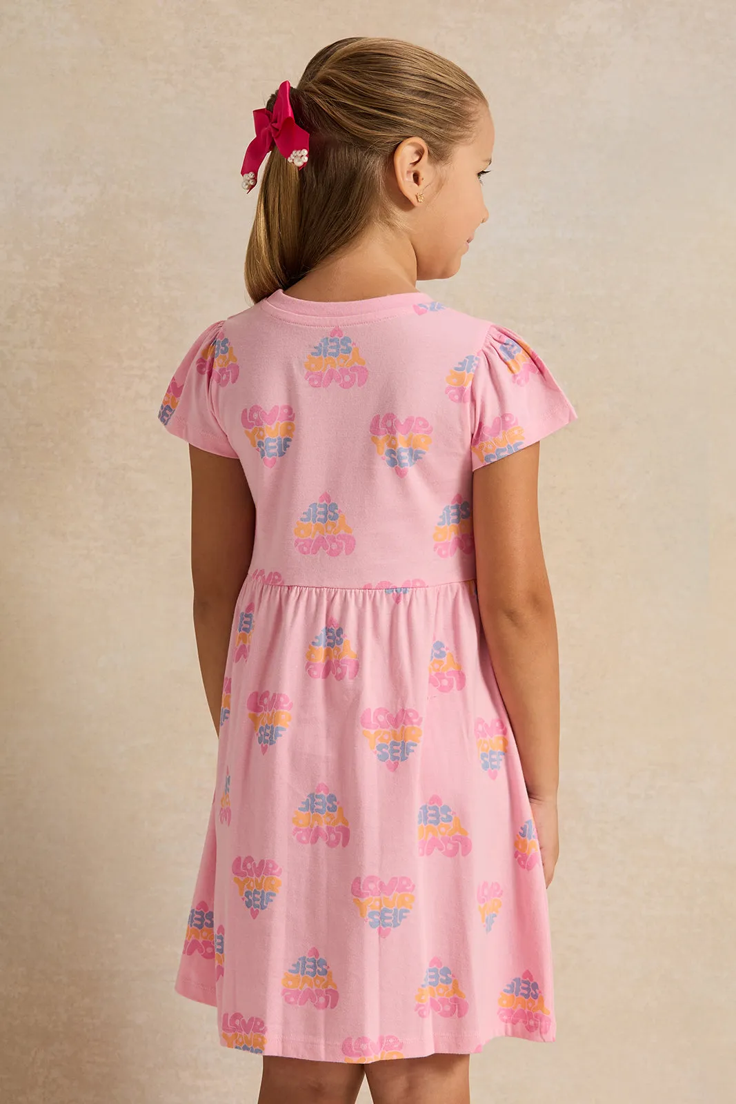 Girls Pink Love Yourself Printed Knit Dress