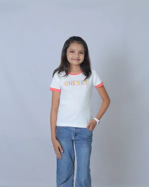 Girls White/Coral Round Neck T-Shirt