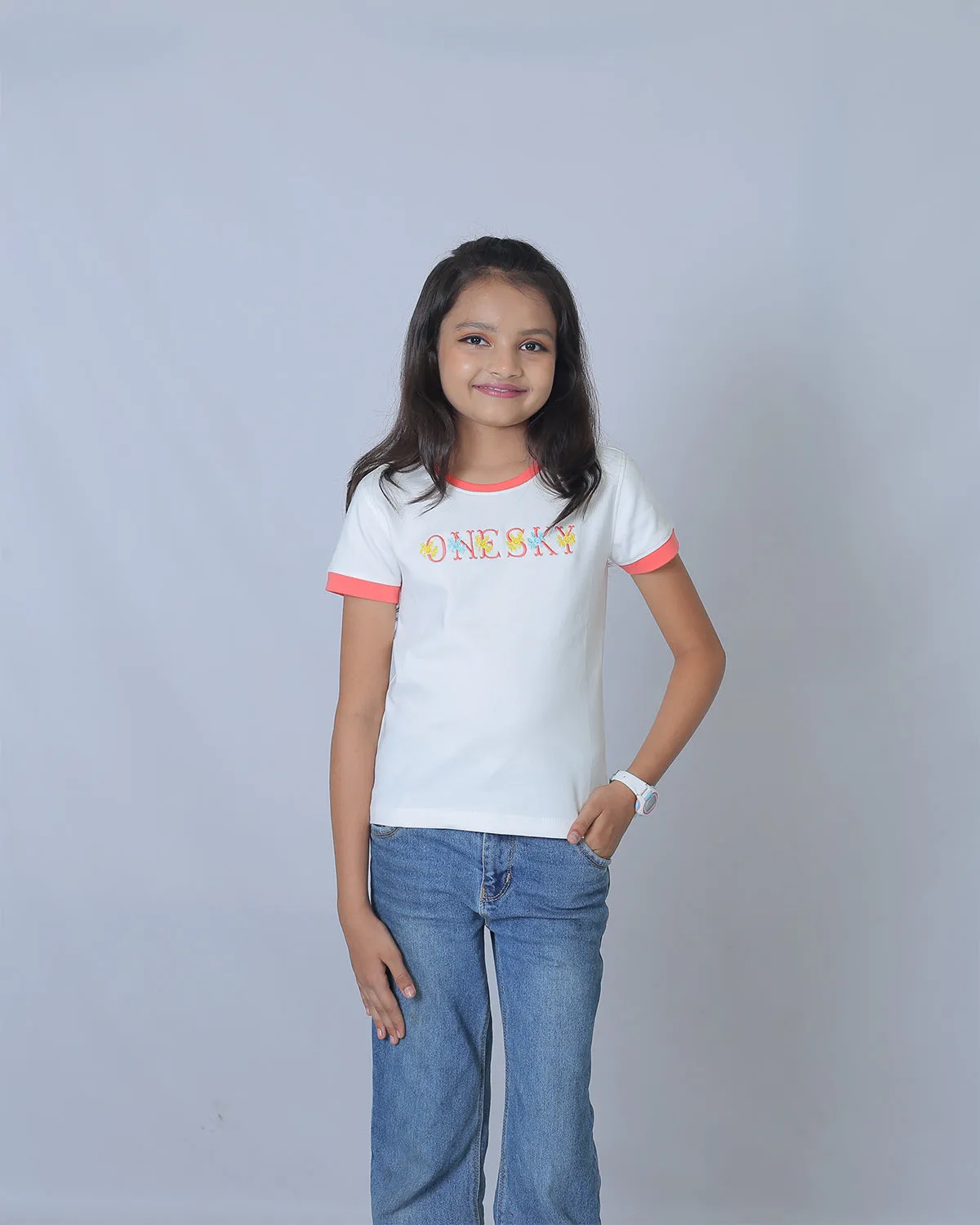 Girls White/Coral Round Neck T-Shirt