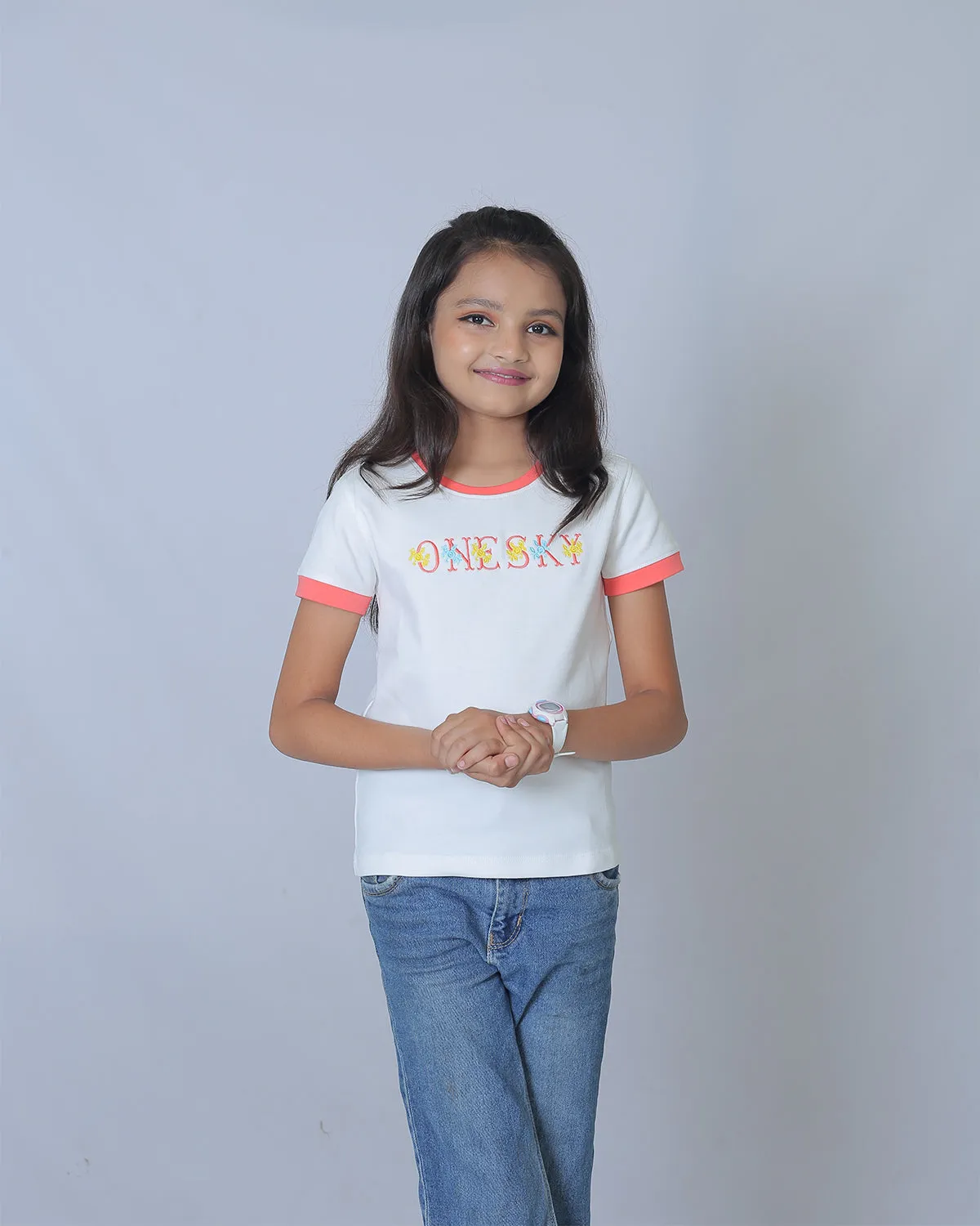 Girls White/Coral Round Neck T-Shirt