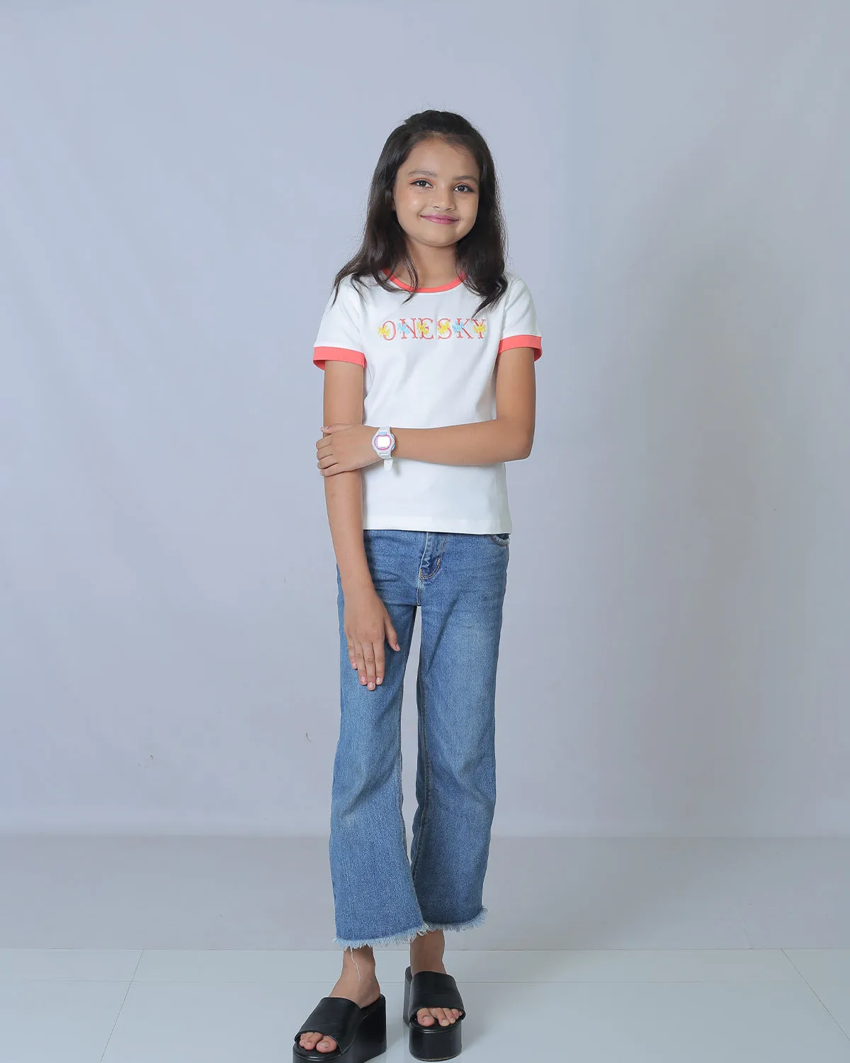 Girls White/Coral Round Neck T-Shirt