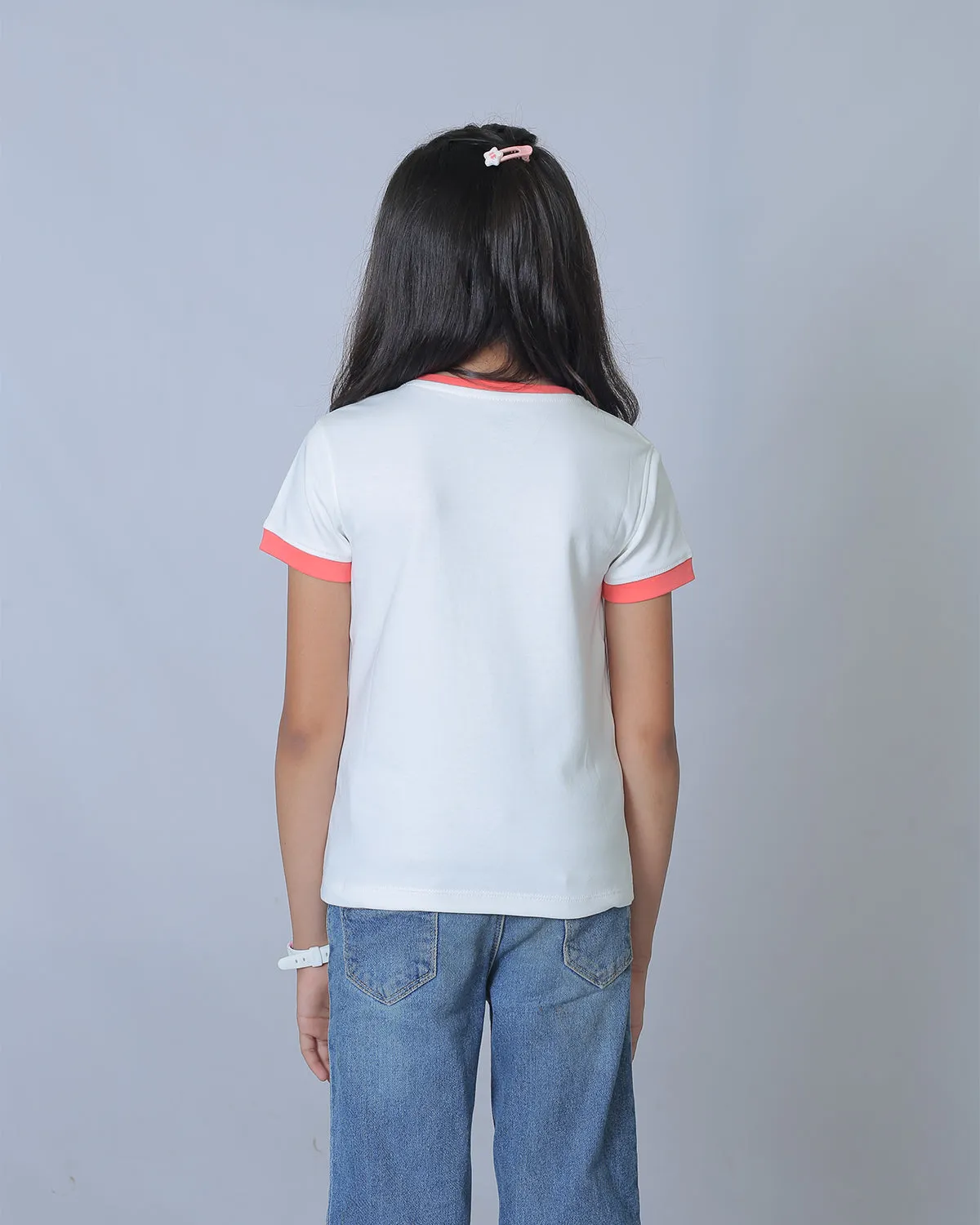 Girls White/Coral Round Neck T-Shirt