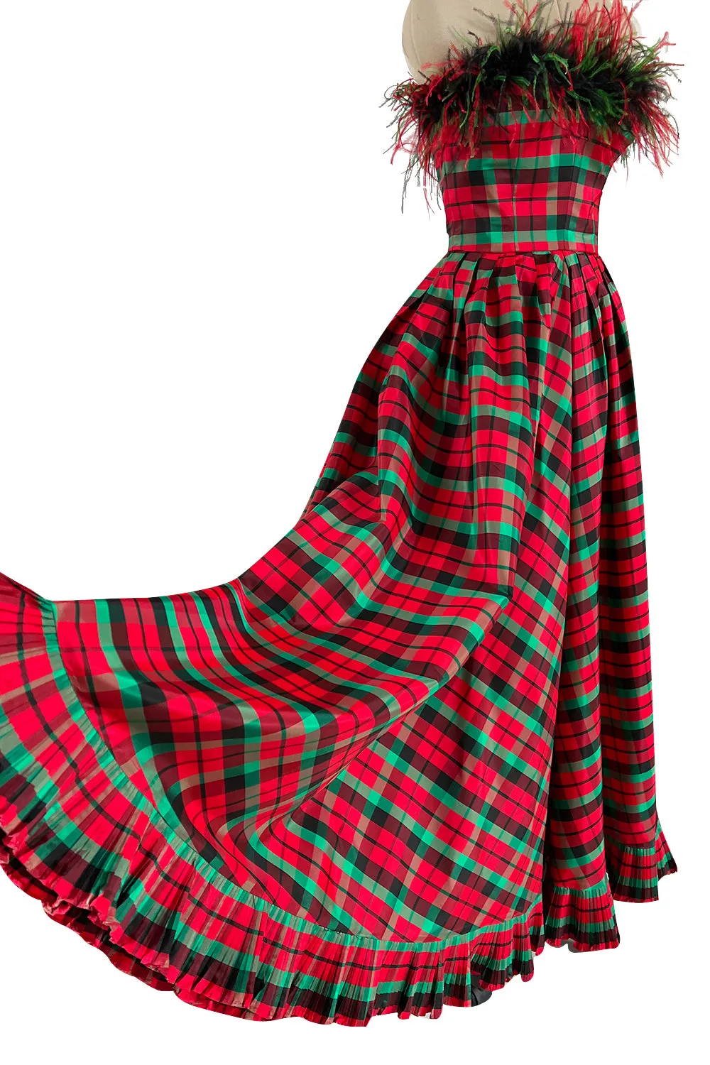 Gorgeous 1980s Victor Costa Silk Taffeta Plaid & Feather Strapless Dress