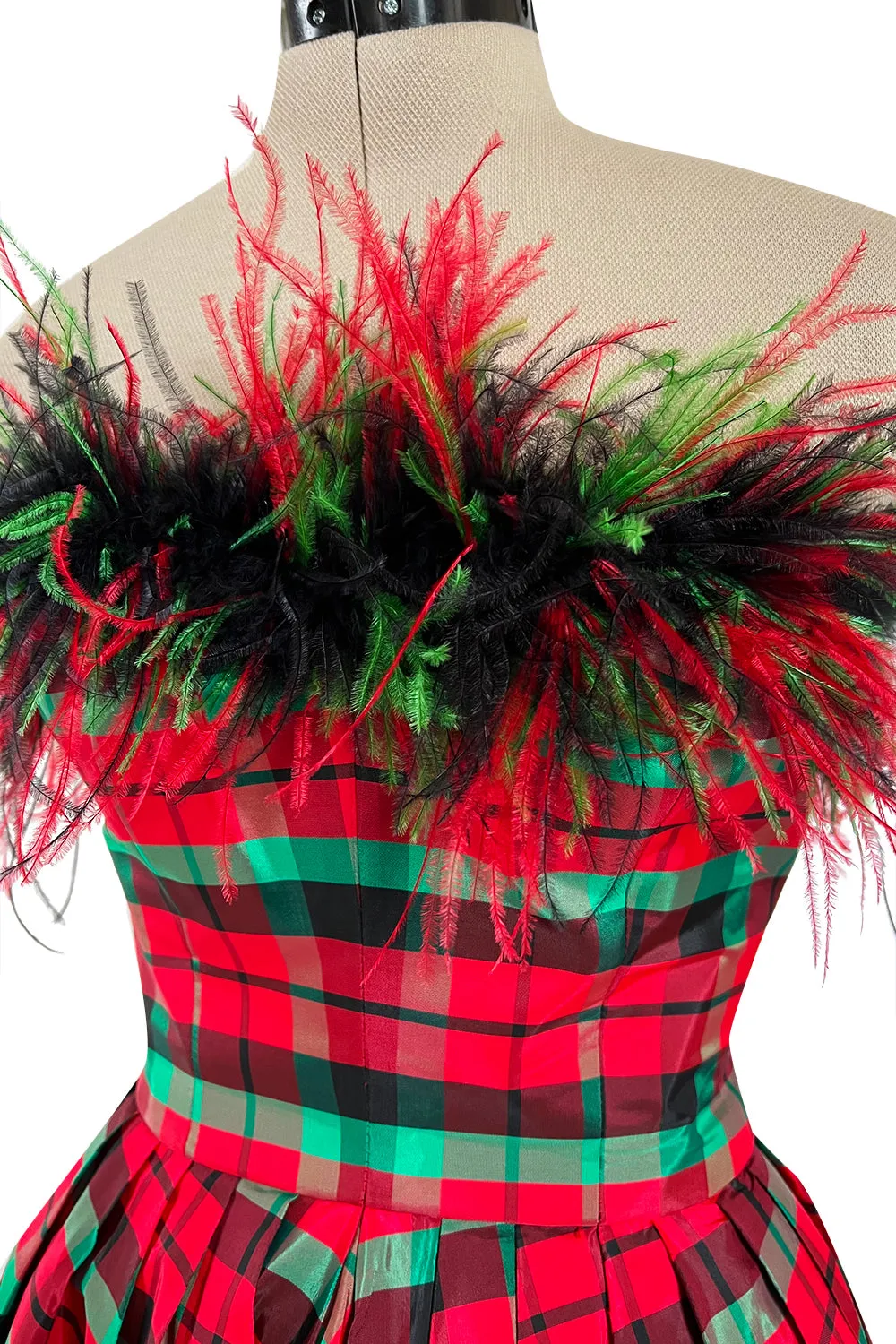 Gorgeous 1980s Victor Costa Silk Taffeta Plaid & Feather Strapless Dress