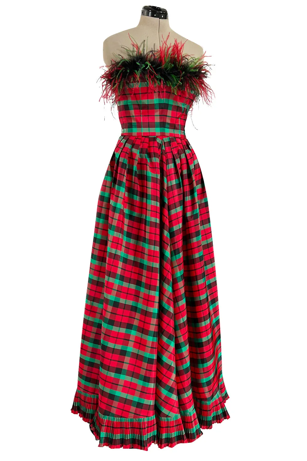 Gorgeous 1980s Victor Costa Silk Taffeta Plaid & Feather Strapless Dress