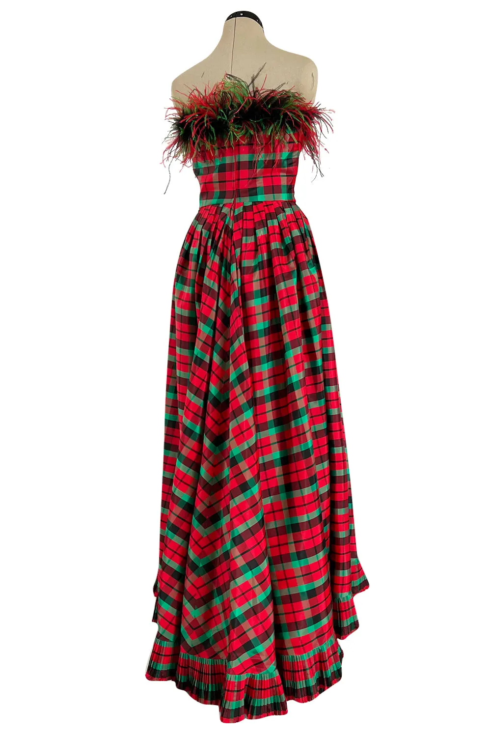 Gorgeous 1980s Victor Costa Silk Taffeta Plaid & Feather Strapless Dress