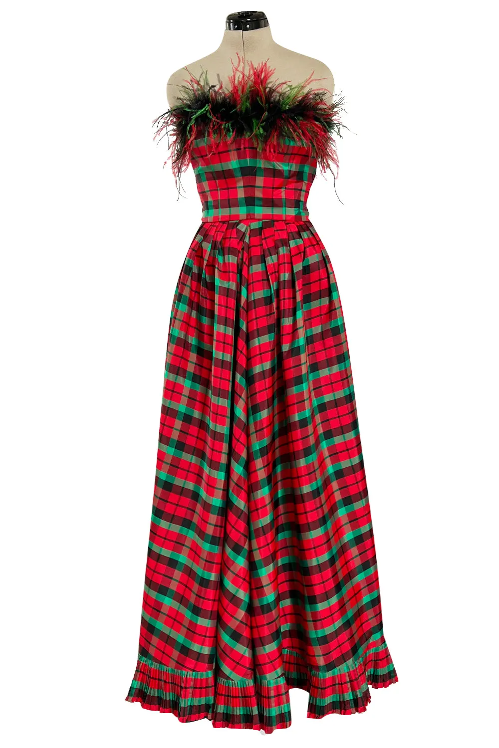 Gorgeous 1980s Victor Costa Silk Taffeta Plaid & Feather Strapless Dress