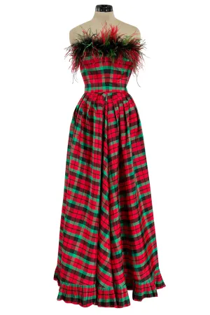 Gorgeous 1980s Victor Costa Silk Taffeta Plaid & Feather Strapless Dress