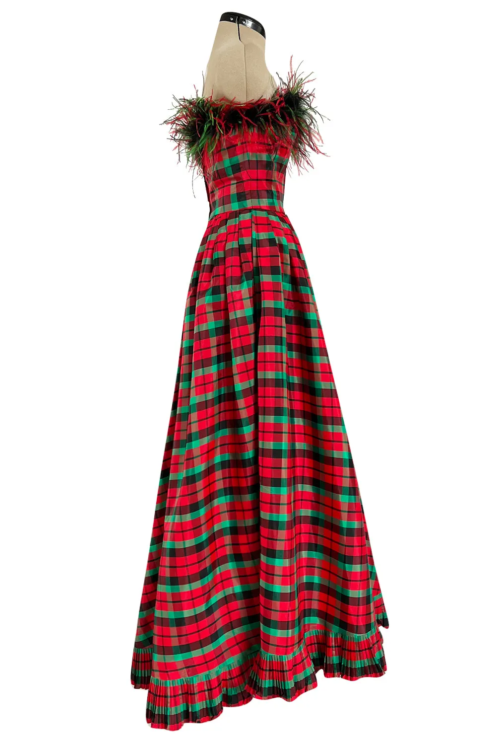 Gorgeous 1980s Victor Costa Silk Taffeta Plaid & Feather Strapless Dress