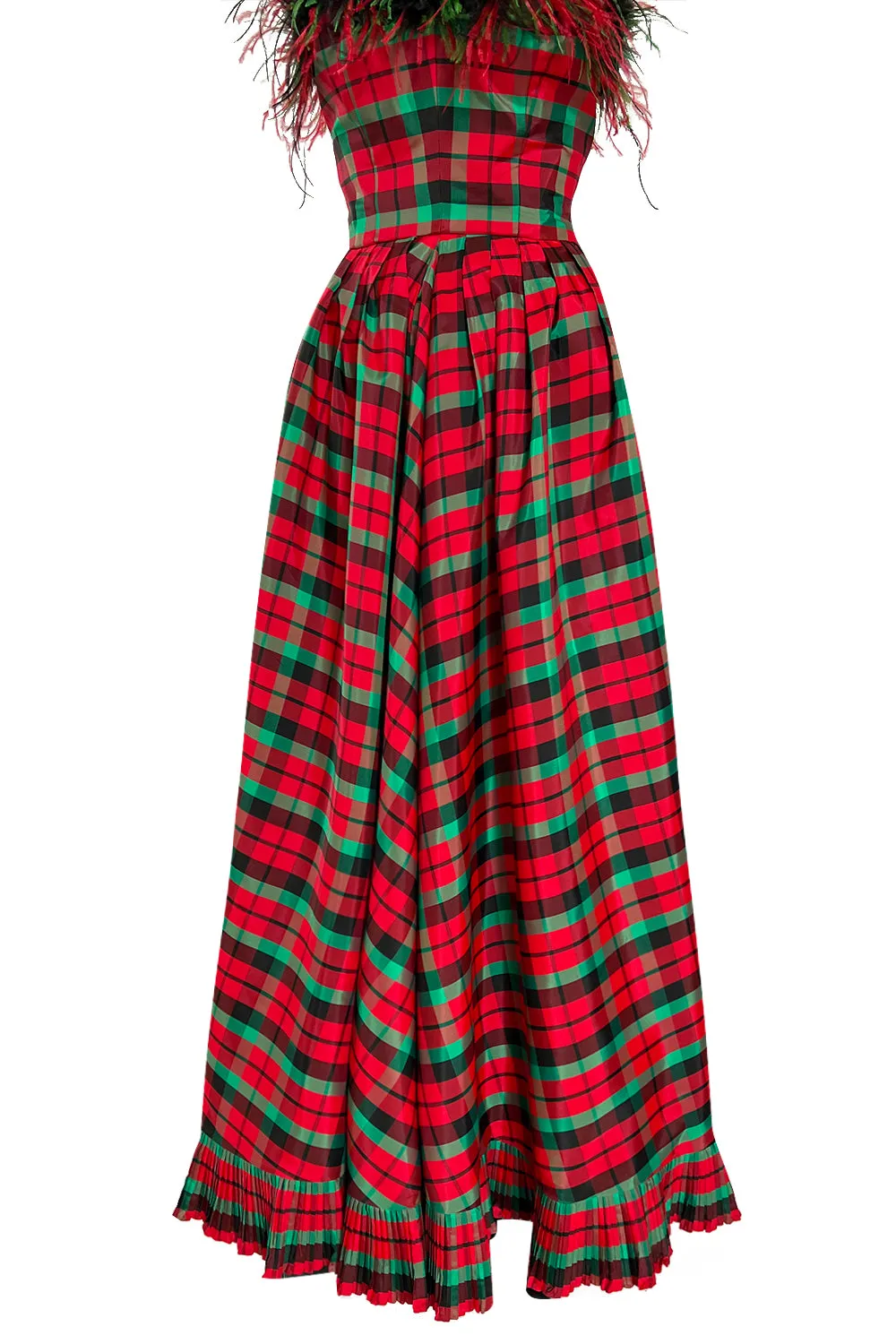 Gorgeous 1980s Victor Costa Silk Taffeta Plaid & Feather Strapless Dress