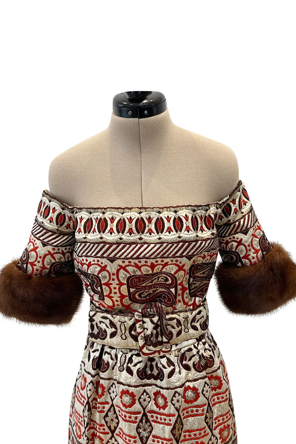 Iconic 1973 Oscar de la Renta Metallic Gold Silk Brocade Off Shoulder Dress W Fur Cuffs