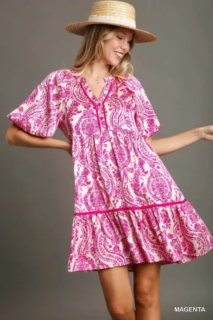 Magenta & White Paisley A-Line Dress