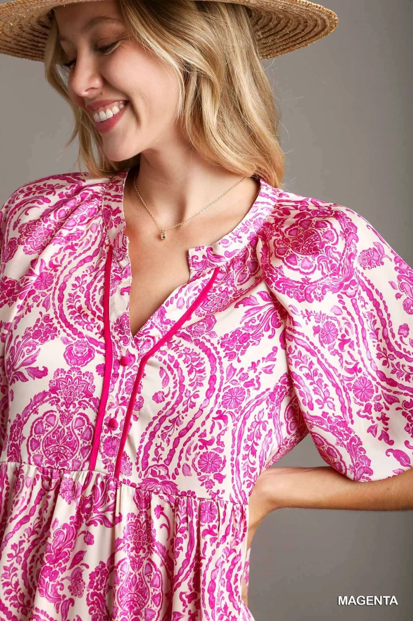 Magenta & White Paisley A-Line Dress