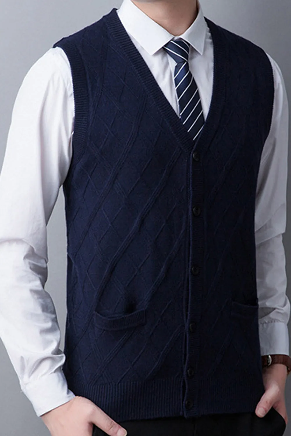 Men Elegant Button Down Sleeveless Warm Vest Cardigan - MC89322