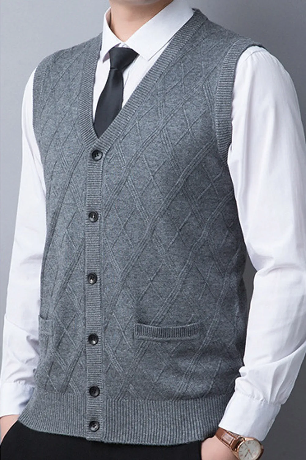 Men Elegant Button Down Sleeveless Warm Vest Cardigan - MC89322