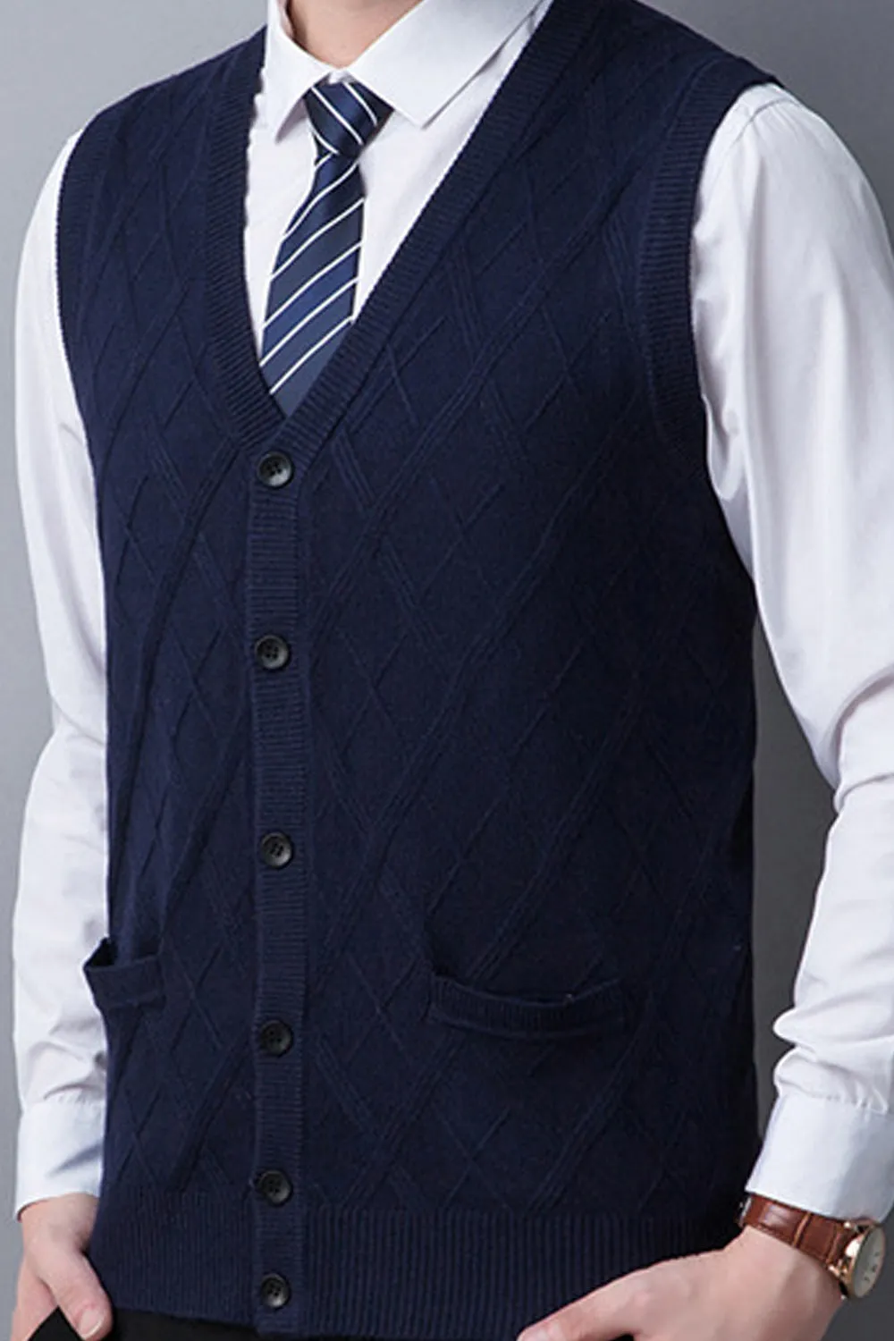 Men Elegant Button Down Sleeveless Warm Vest Cardigan - MC89322