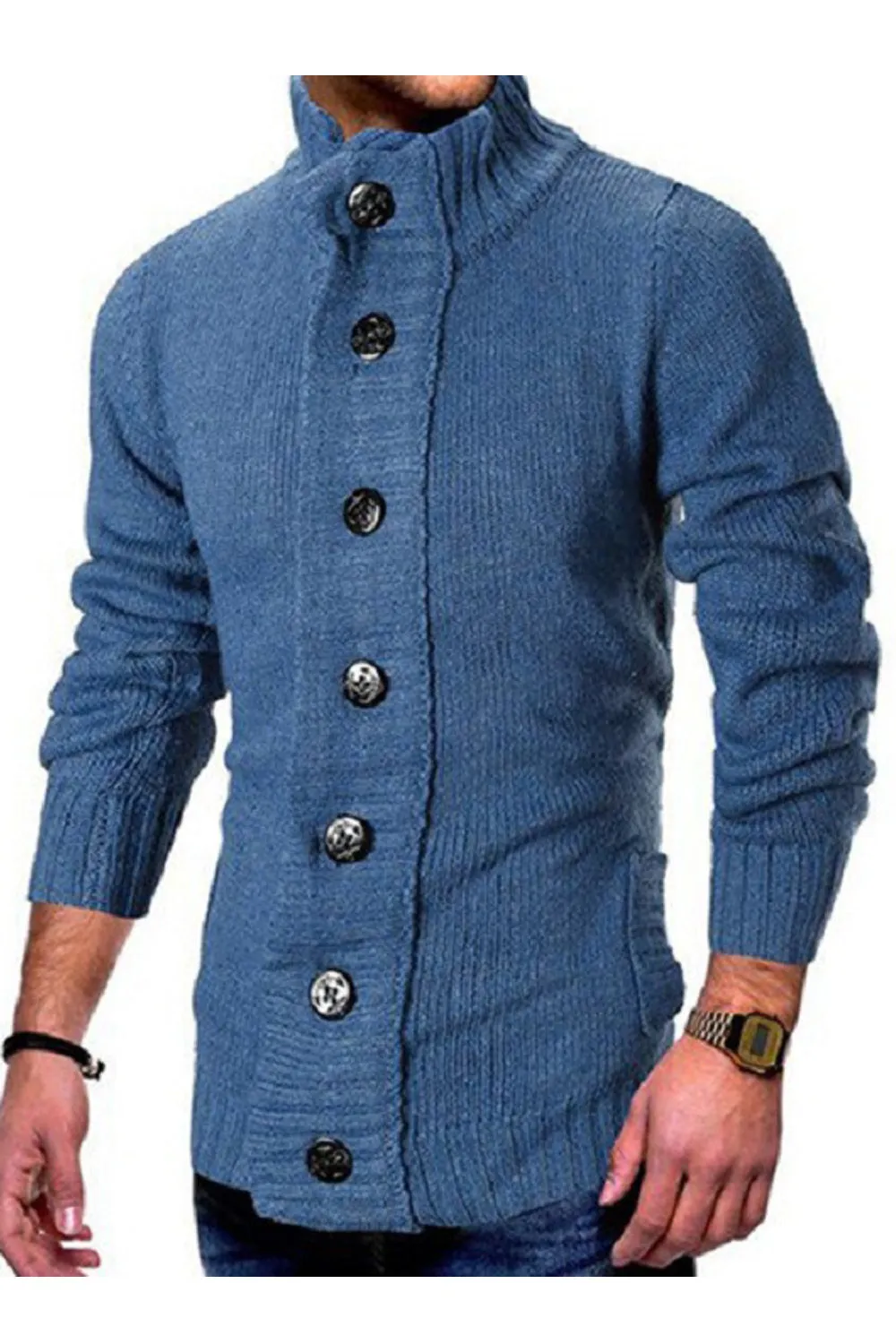 Men High Neck Slim Fit Fashionable Button Closure Long Sleeve Knitted Winter Warm Thick Cardigan - MC89355