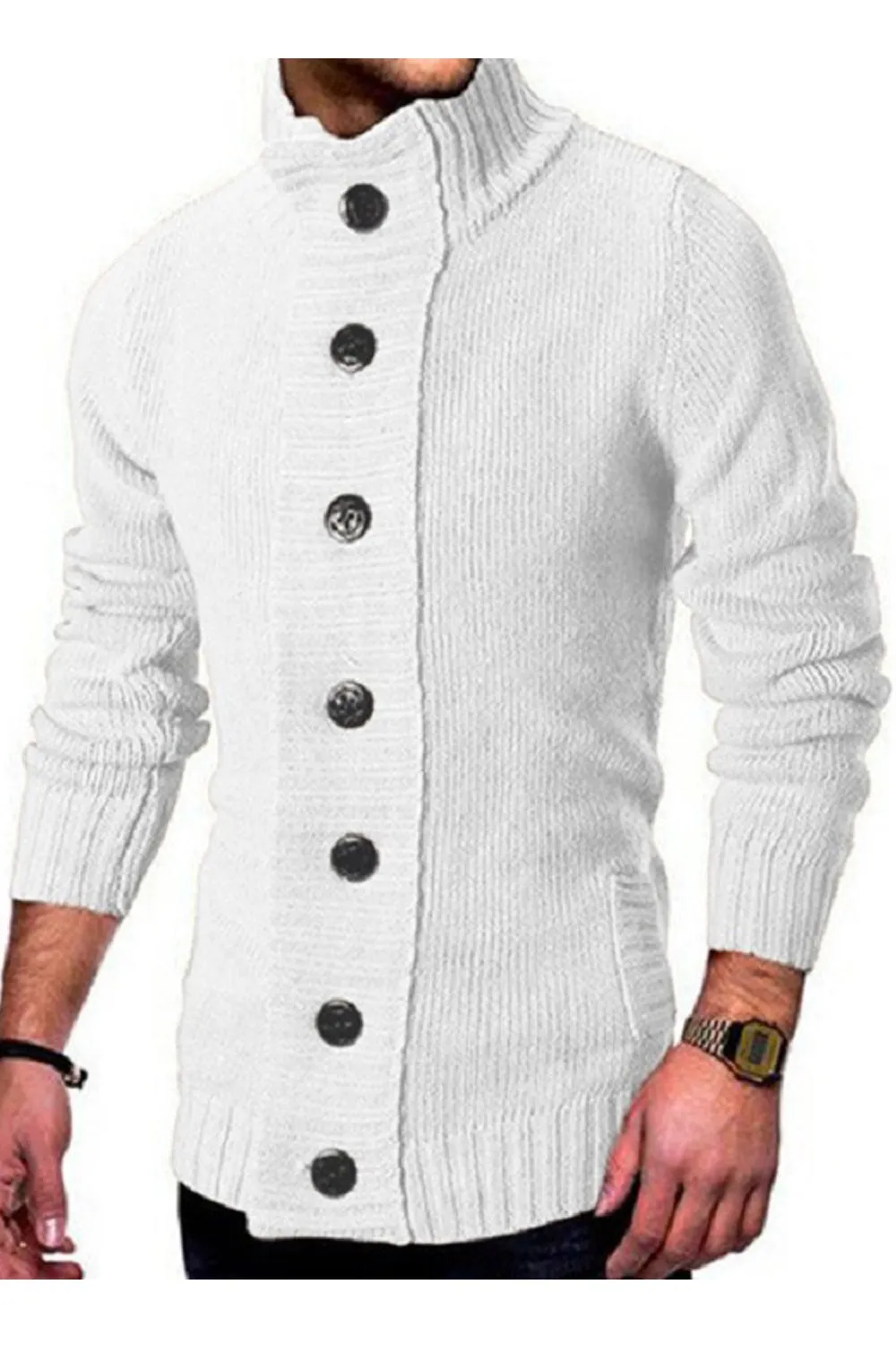 Men High Neck Slim Fit Fashionable Button Closure Long Sleeve Knitted Winter Warm Thick Cardigan - MC89355