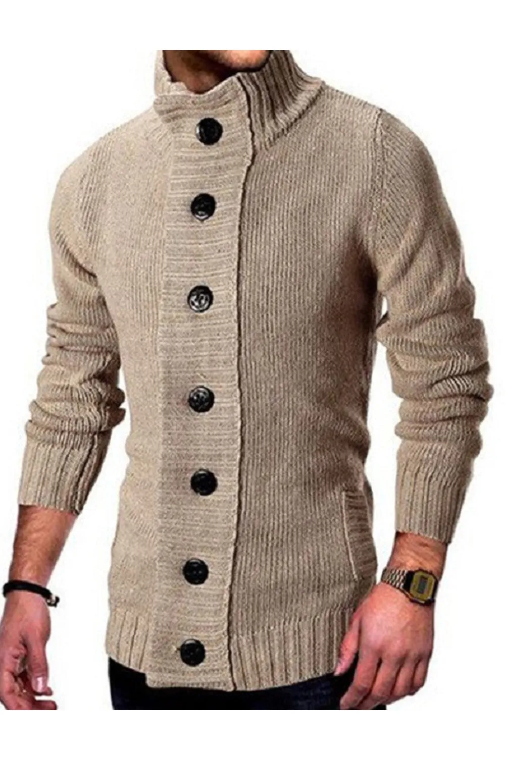 Men High Neck Slim Fit Fashionable Button Closure Long Sleeve Knitted Winter Warm Thick Cardigan - MC89355