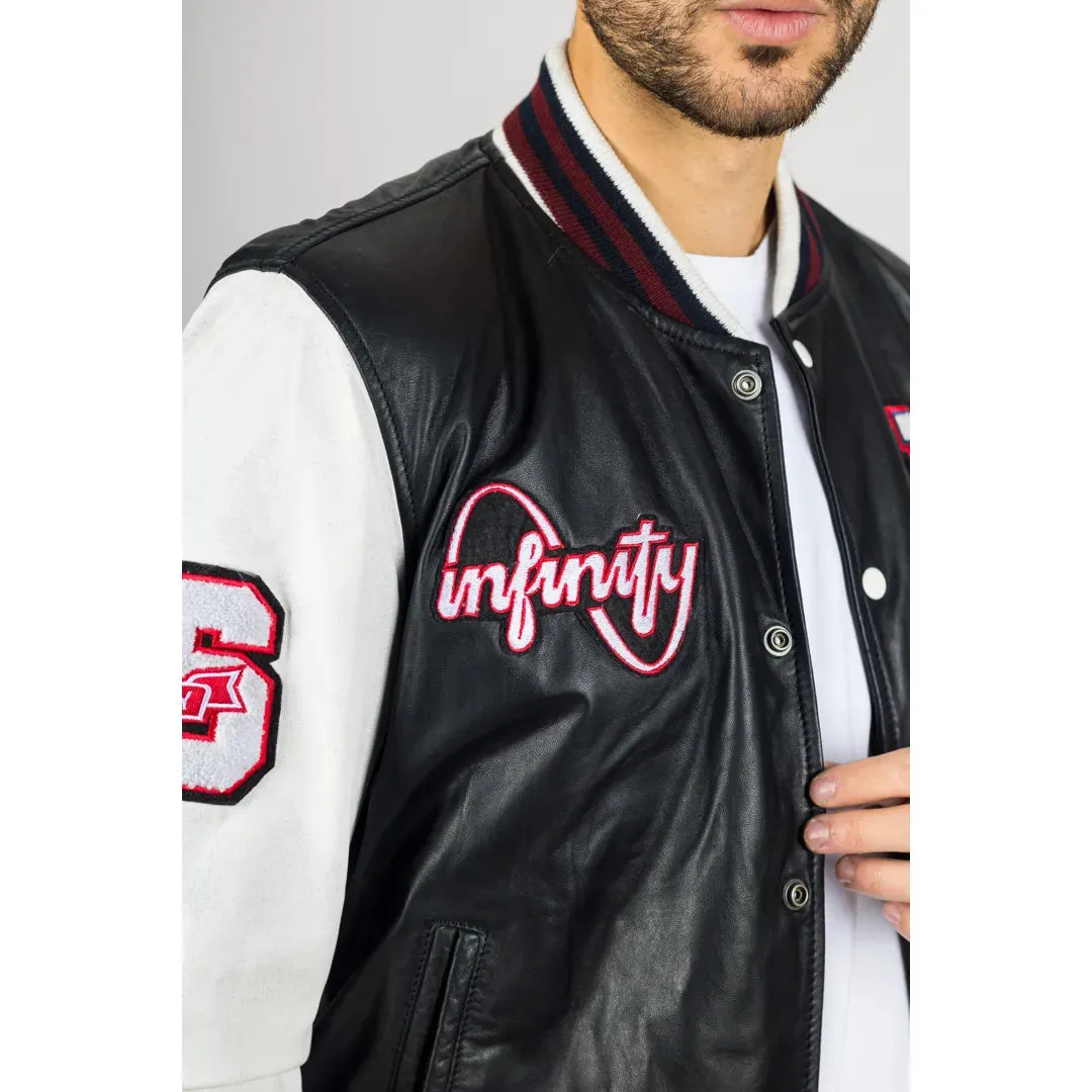 Men's Black Leather Letterman Bomber Jacket